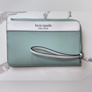 Kate Spade Cameron Medium L Zip Wristlet Spring Meadow Multi Wallet, Mint/White